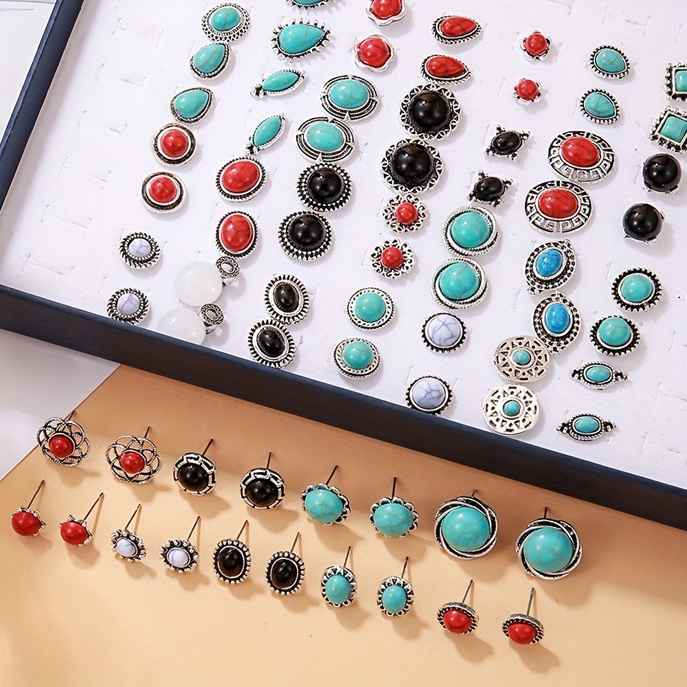 

36 Pairs Vintage Style Stud Earrings Set Bohemian Multi-color Turquoise Flower Shape Stud Earrings Classic Turquoise Earrings Ethnic Stud Earrings For Women