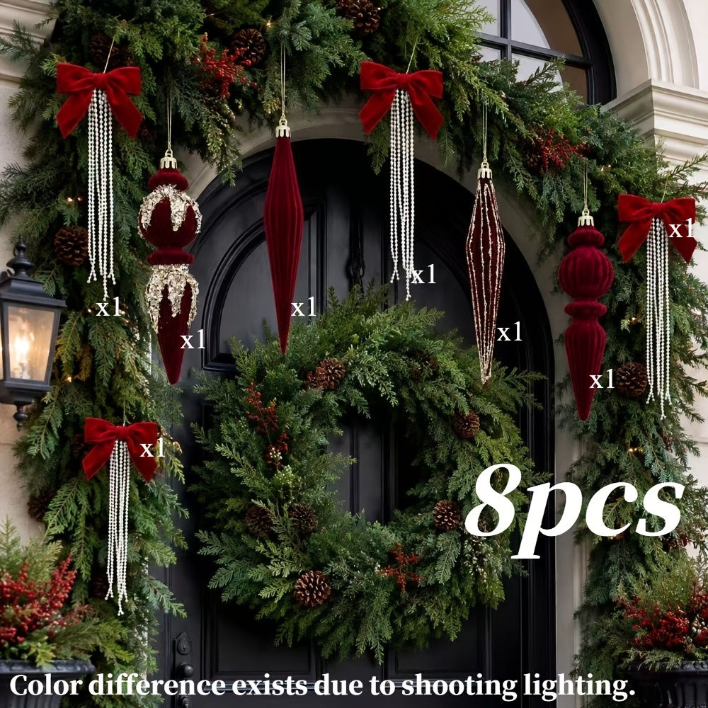 TEMU Ensemble de 8 ornements de Noël suspendus de qualité supérieure, avec nœuds en velours, perles et glandouillères, et boules irrégulières en