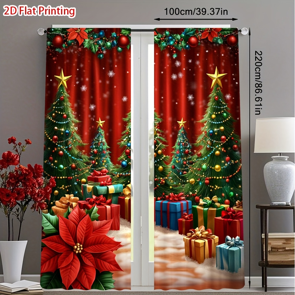 TEMU 2d Flat - 2d Flat - Set Of 2 Flat Printed Curtains Featuring A Christmas Festive Scene With A Rod , Ideal For Decorating Bedrooms, Kitchens, And