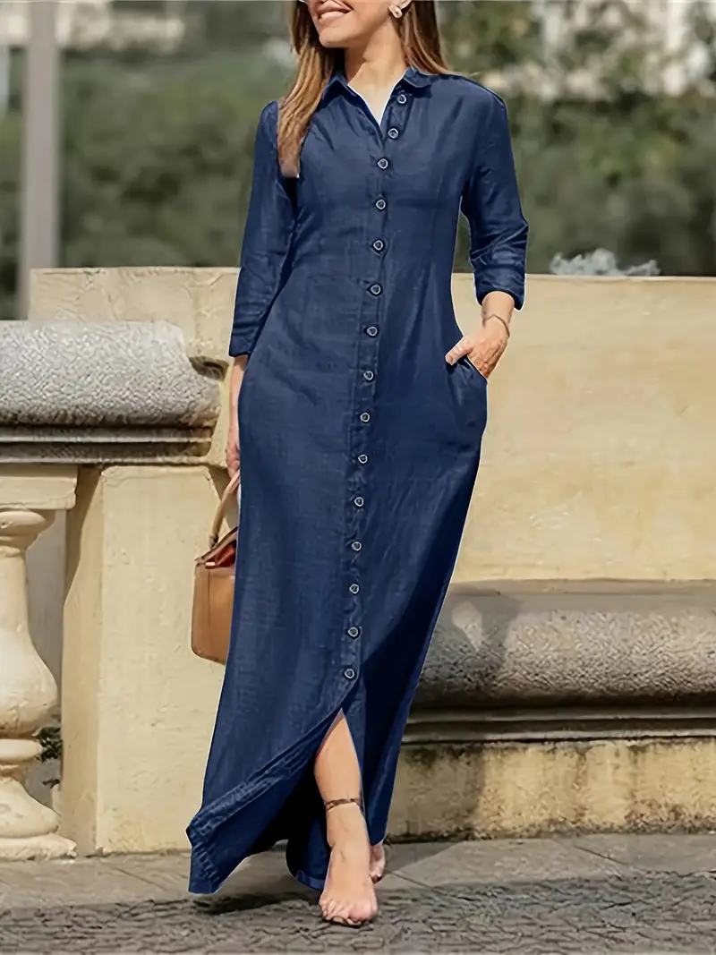 womens blue denim shirt dress long sleeve button side slit - Temu womens blue denim shirt dress long sleeve button side slit - Temu