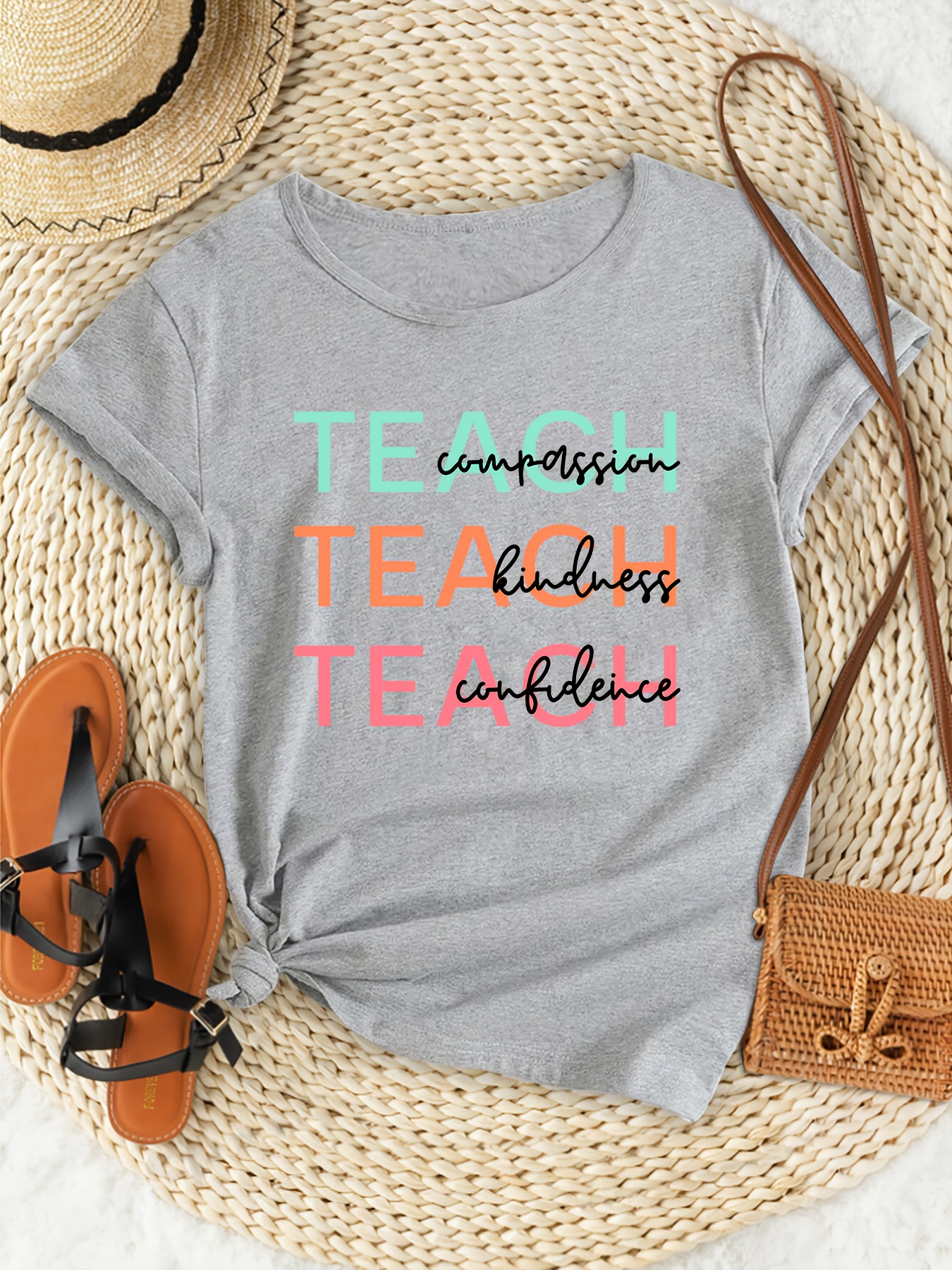 Women's Plus Size Casual Sporty T-shirt, Teach Letter Print, Comfort 