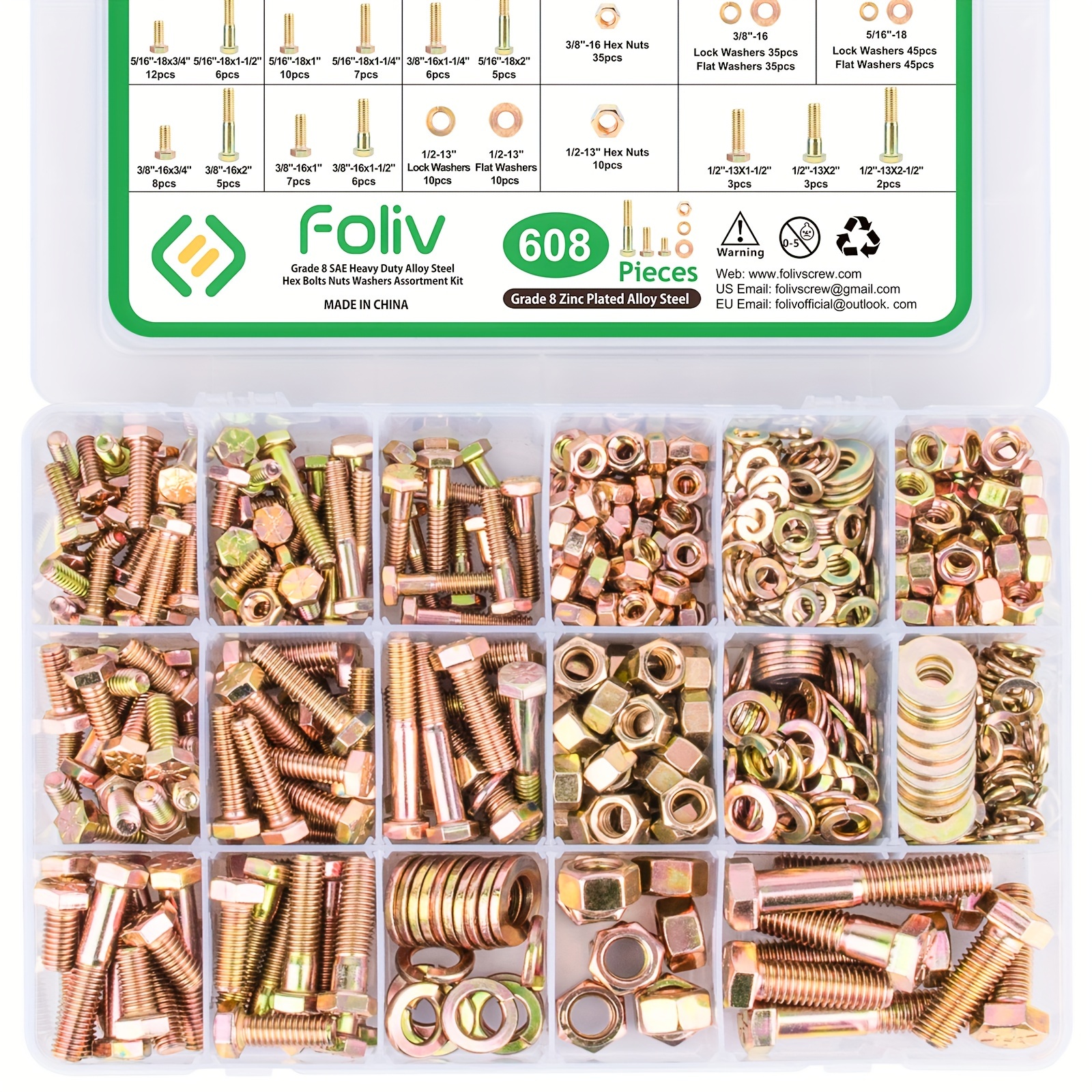 

608pcs Grade 8 Bolts And Nuts Assortment Kit, 1/4-20, 5/16-18, 3/8-16, 1/2-13 Heavy Duty Hex Sae Bolts Nuts Washers Assortment Kit