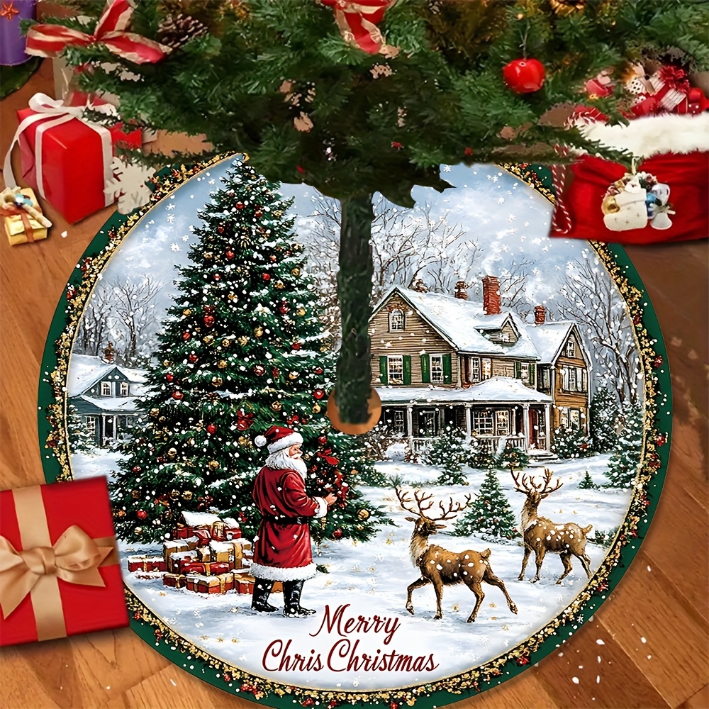Image of Christmas. Christmas Tree Skirt. Santa Claus And Reindeer Christmas Tree Skirt Classic Festive Decorations For Home, Party And Yard | Material, With Golden Embellishments, Christmas Decorations