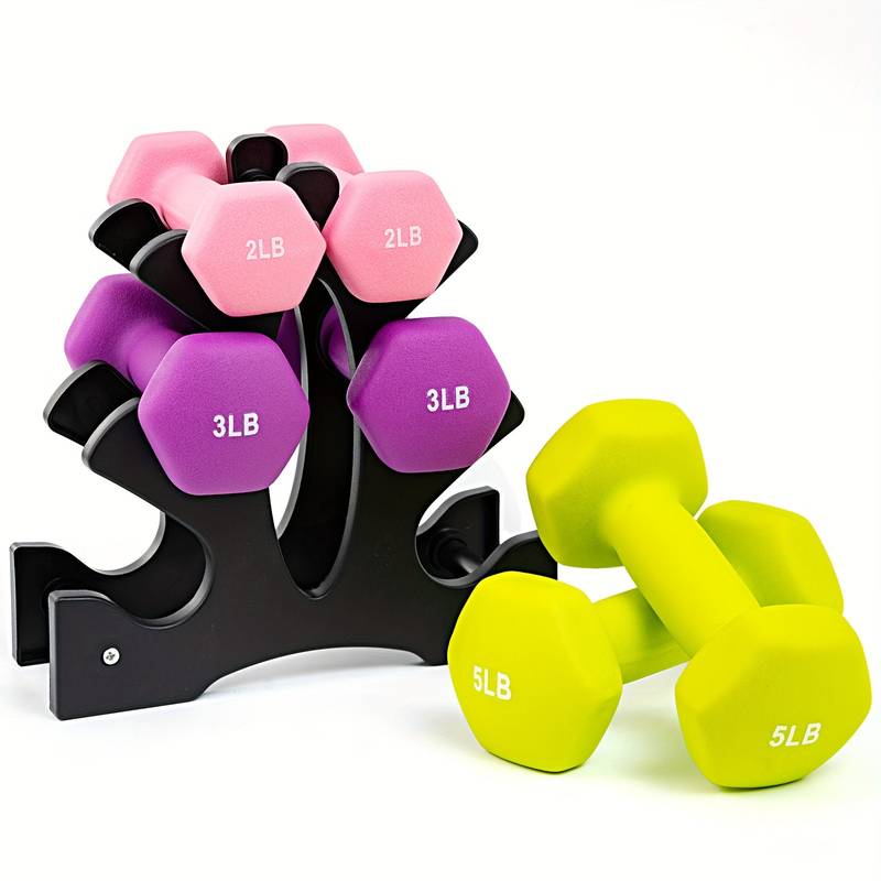Dumbbell Set With Rack HolaHatha 5, 10, And 15 Pound Neoprene