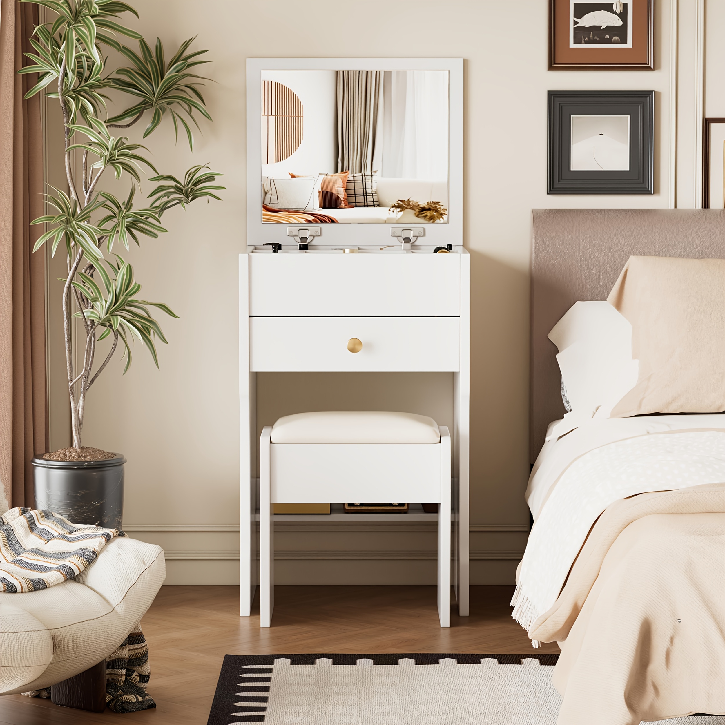 -in-one Makeup Table Featuring A Folding Mirror, 2 Drawers, And Hidden Storage Space, Suitable For Bedrooms And Dressing Rooms, Measuring X 40 X 109cm, In White