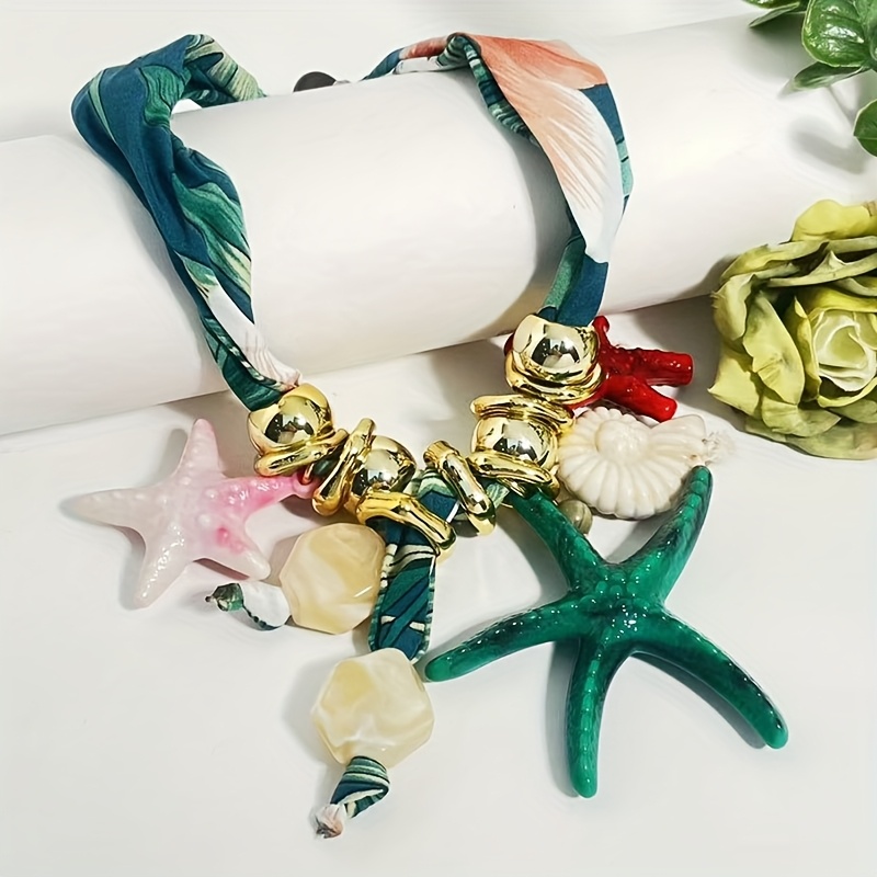 Beach Vacation Leopard Print Ribbon Shell & Starfish Choker Necklace