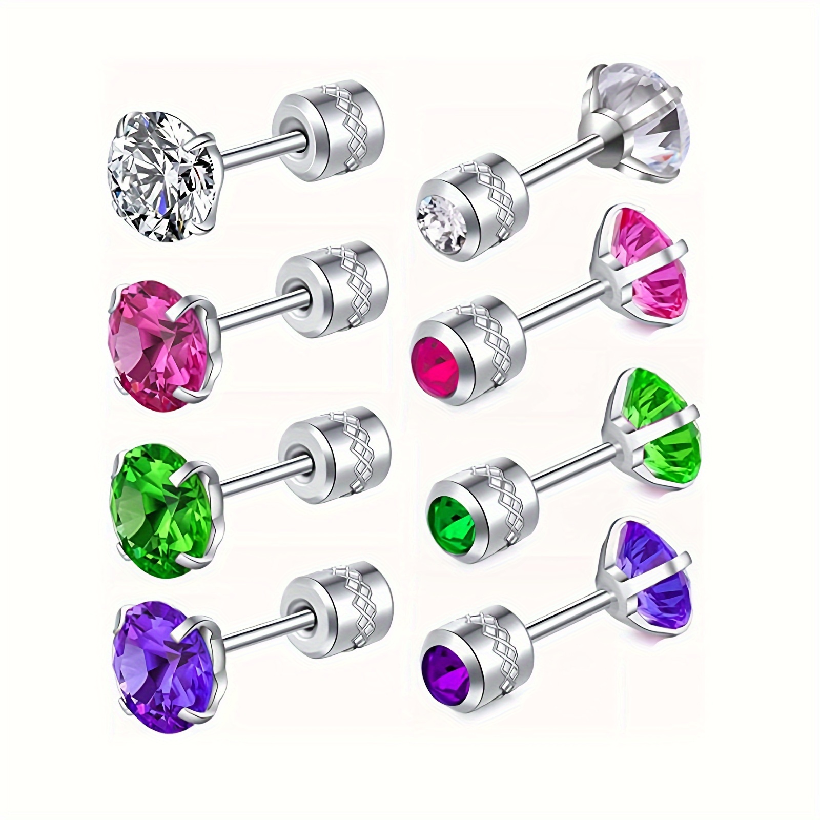 

4 Pairs Titanium Steel Screw Back 5a Cubic Zirconia Earrings Set, Simple And Cute Style For Women Daily Wear