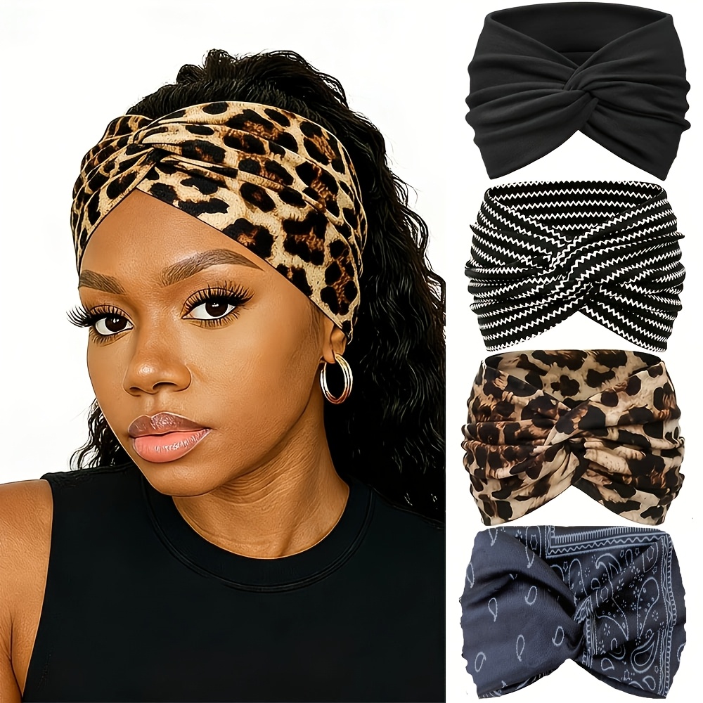 TEMU 4pcs Set Women's Wide Non-slip Sweat-absorbent Headbands Bohemian Style With Leopard Print, Floral, And Geometric Patterns, Suitable For Yoga,