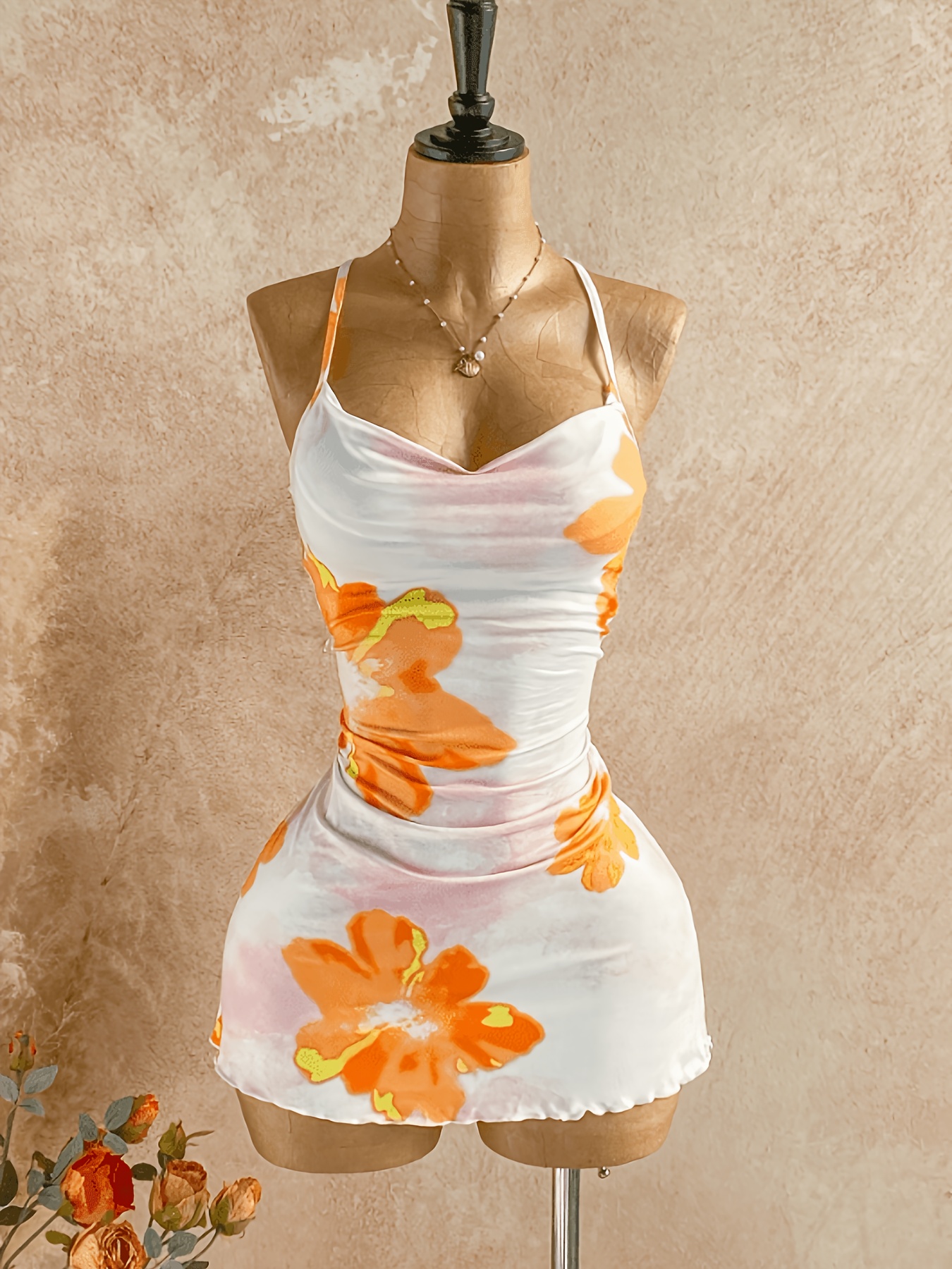 Holiday Casual Red Watercolor Floral Summer Vacation Draped Collar Suspender Dress Floral Suspender Skirt Floral Dress Summer Dress Spring Dress Orange Floral Dress