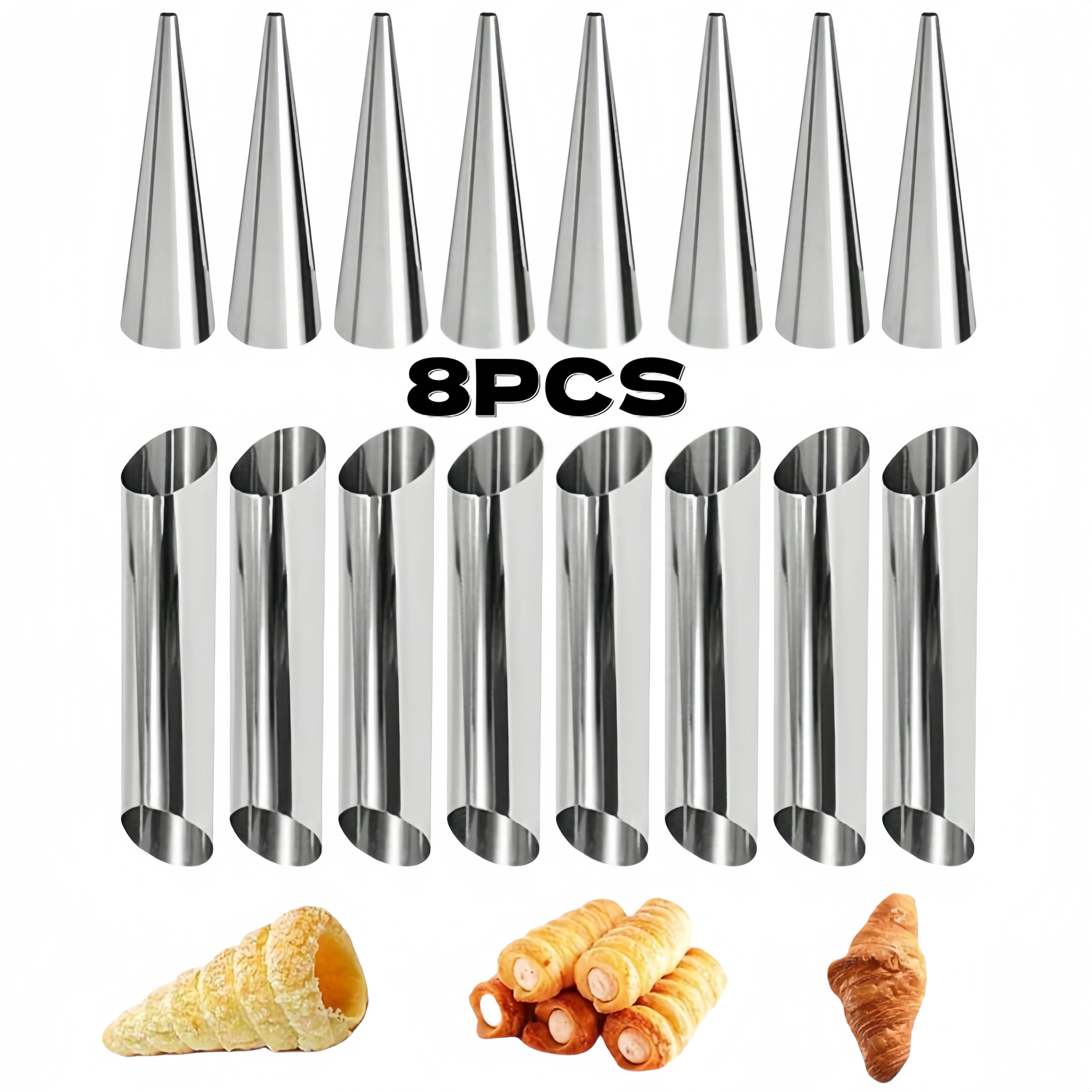 

8 Pcs Stainless Steel Cream Horn Molds, Cone-shaped Pastry Tubes For Croissants, Cannoli Forms, Spiral Bread Horns, Baking Tools & Accessories - Uncharged