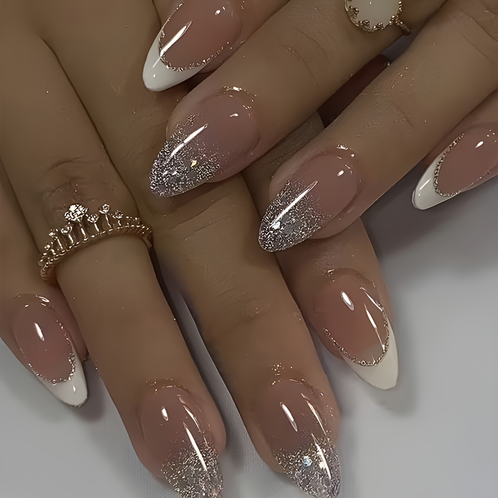 TEMU Kit de manucure complet 48 pièces d'ongles pressés d' dégradés blanc nu et argenté à paillettes, ensemble d'ongles artificiels de luxe élégants