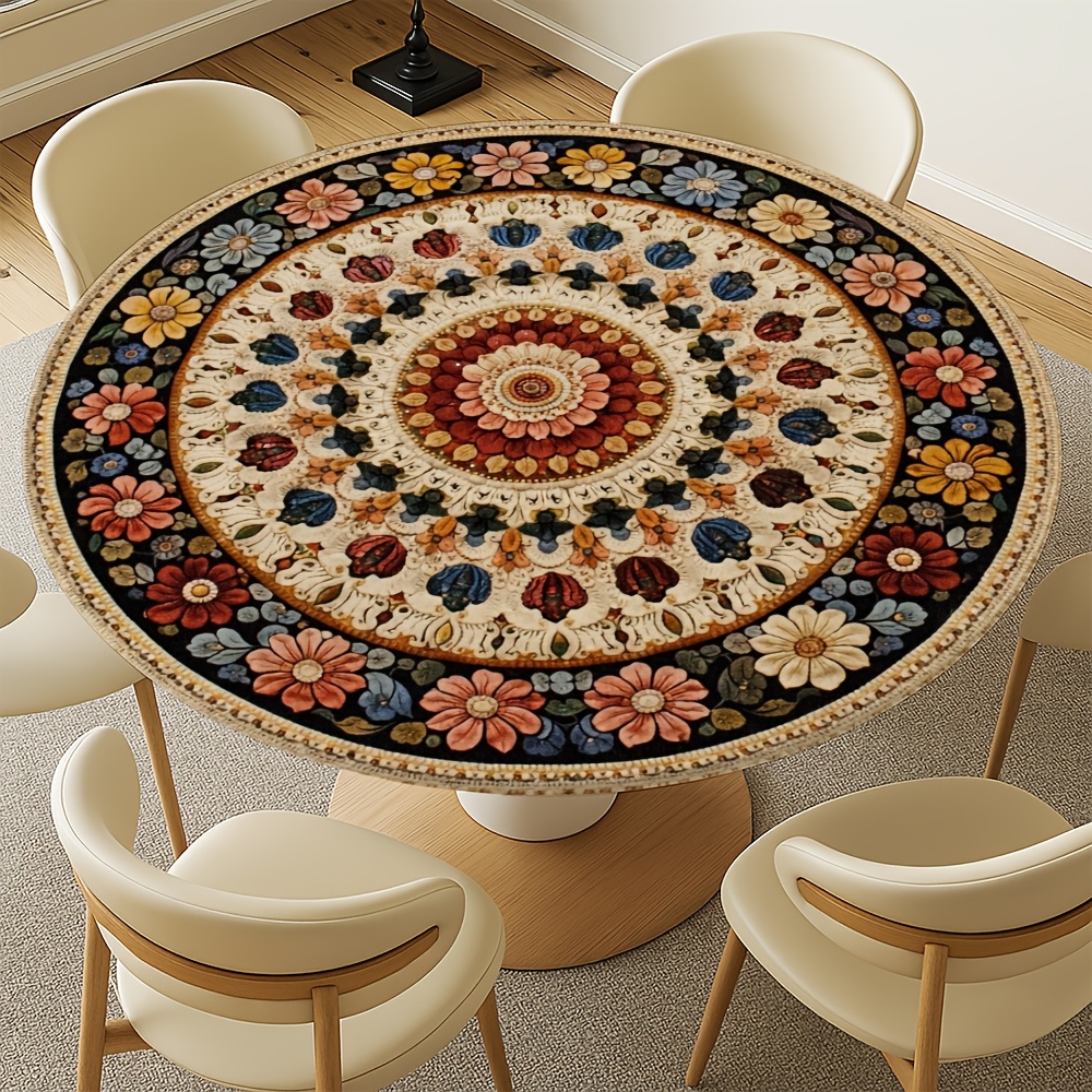 TEMU 1pc Ornate Mosaic Durable Round Elastic Tablecloth Polyester Table Cover Ornate Mosaic Tile For Outdoor Picnics, Camping, And Backyard Dining, ,