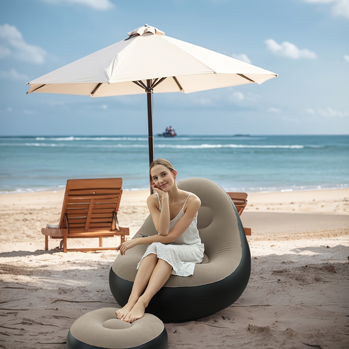 

1pc Ergonomic Inflatable Plush Lounge Chair For Single Person - Portable & Foldable With Footrest, Pvc Frame, Ideal For Beach & Outdoor Relaxation, Black & , Inflatable Furniture