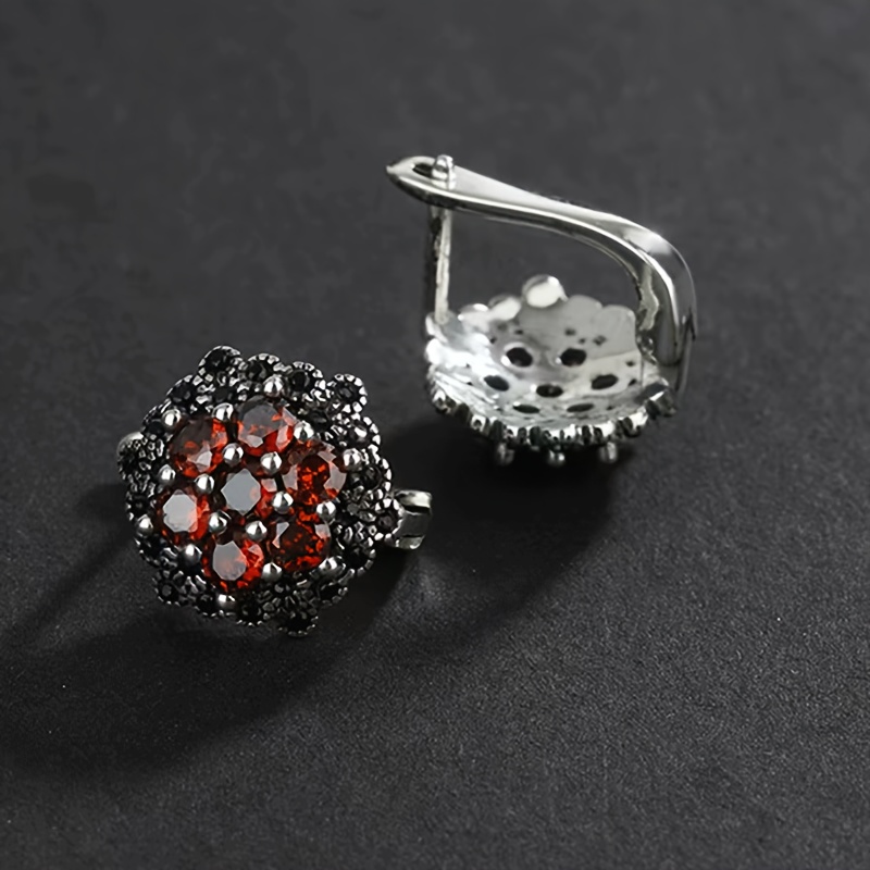 TEMU Vintage Stud Earrings In 925 Sterling Silver With Black Accent Stones And Synthetic Zirconia, Hypoallergenic Ear Needle, Quality Jewelry Gift - 4.0g