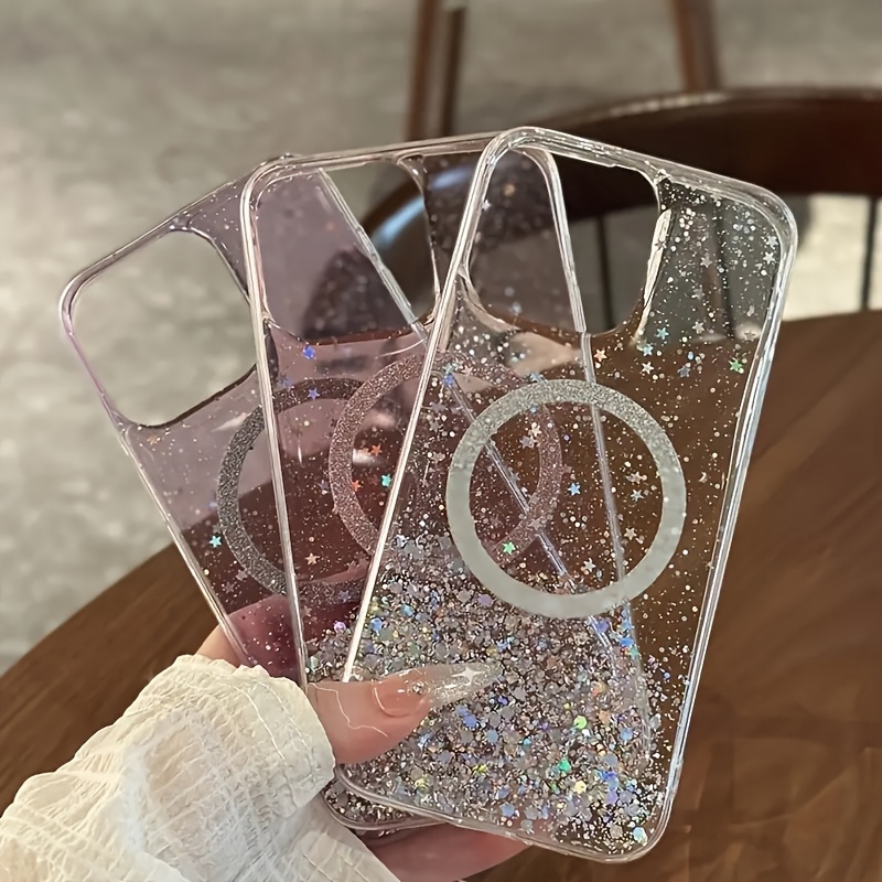 Fashionable Glittering Sequined Magnetic Epoxy Transparent Phone Case Compatible with iPhone 16 15 14 Plus 13 12 11 Pro Max XM XR XS X Blingbling Transparent Shockproof Back Cover.