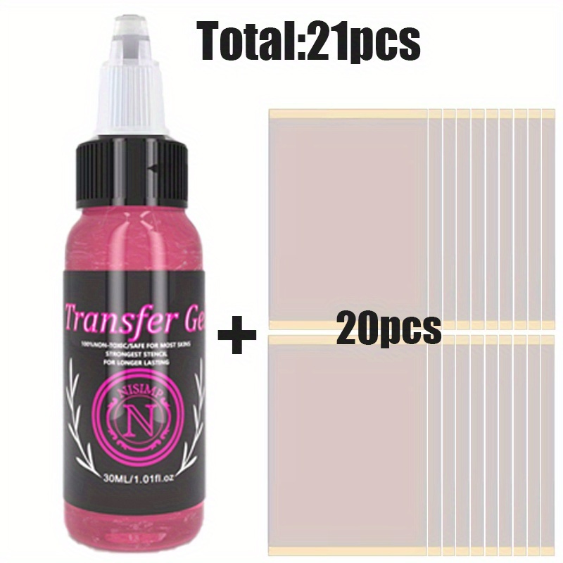 21pcs Tattoo Transfer Kit, Comprising 30ml Pink Transfer Gel, 20pcs Tattoo Transfer Paper, Tattoo Design Transfer Gel, A4 Heat Transfer Paper, Body Art, Suitable For And Beginners, Tattoo Supplies