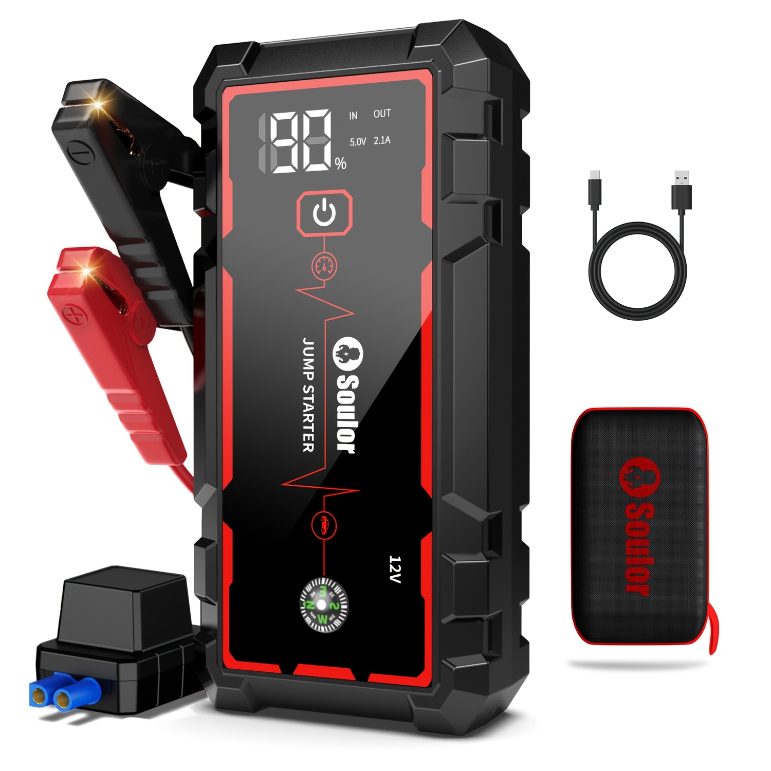 Soulor Car Jump Starter, 3000A to 6000A Portable Starter Power Supply, 2-In-1 Inflatable for All-In-One Multi-Functional Upgraded Version, 12V Quick Start Car, Suitable for All Cars, LED Emergency Lights, Compass, USB Input/Output