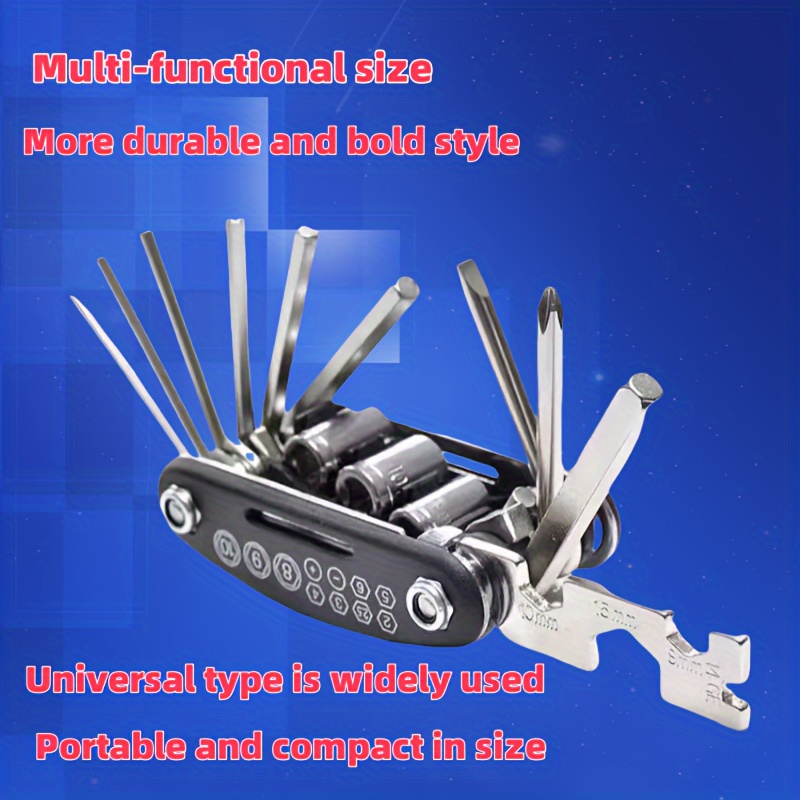 portable folding multi tool with screwdrivers hex wrenches pliers compact alloy handymans toolkit for home bike repair outdoor use design multi tool for sleek metallic construction Product details 3