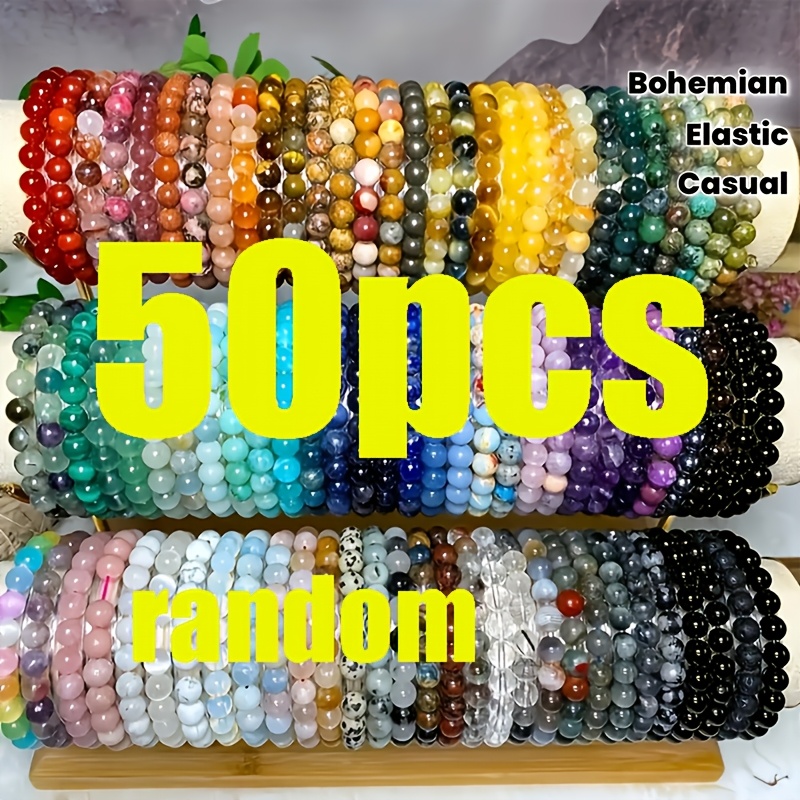 TEMU Set di braccialetti braccialetti con perline a in stile boh矇mien, 50 pezzi casuali, perline di vetro crackle, serie di braccialetti braccialetti