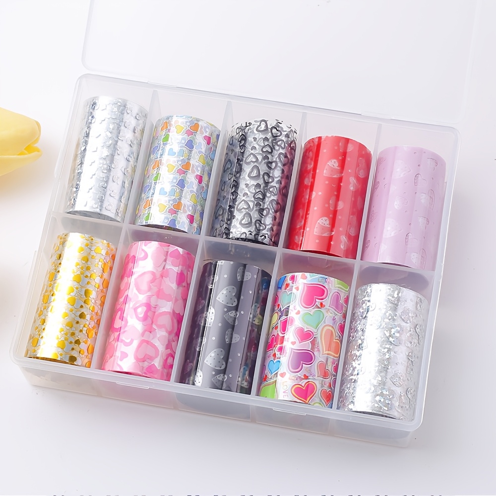 

10 Rolls Holographic Nail Foil Transfer Stickers - Self-adhesive Plastic Nail & Flower Patterns, Glitter , Reusable Nail Embellishments For Diy Manicure - , Unscented