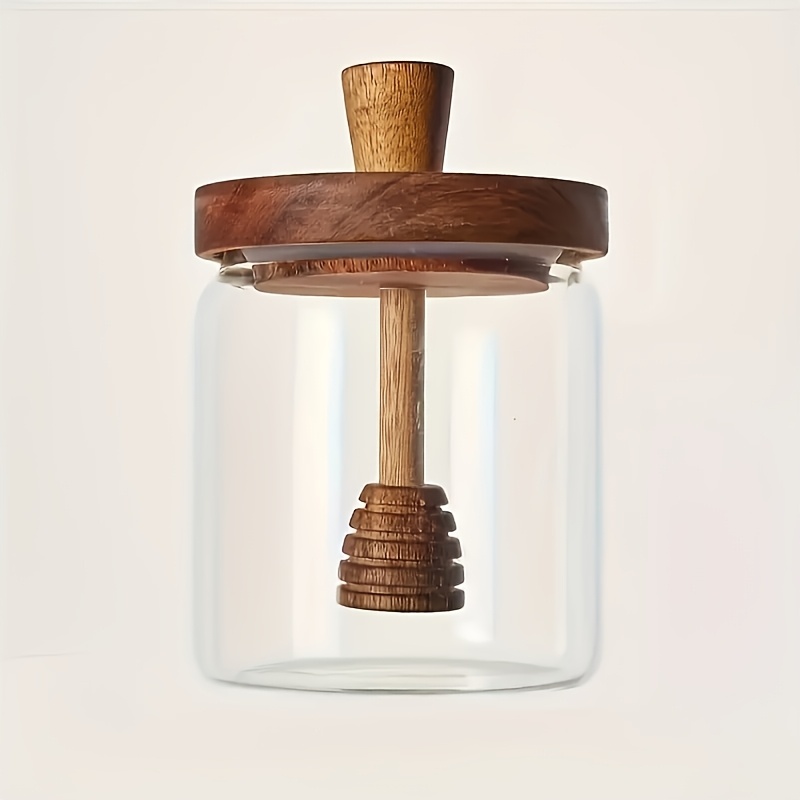 Transparent Honey Glass Jar, 1pc, Glass Honey Container Dispenser With Wooden Lid, Honey Jar For Home And Kitchen Storage Of Honey And Syrup, Easy To Clean, Wide Opening