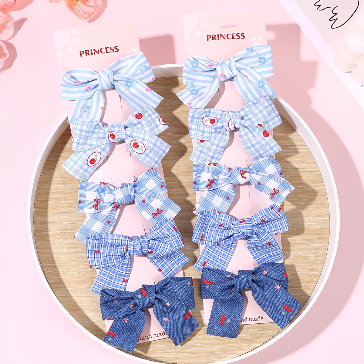 TEMU Lot de 10 pinces à cheveux écossaises bleues et blanches pour femme, barrettes à nœud à imprimé floral, épingles à cheveux à fleurs à carreaux,