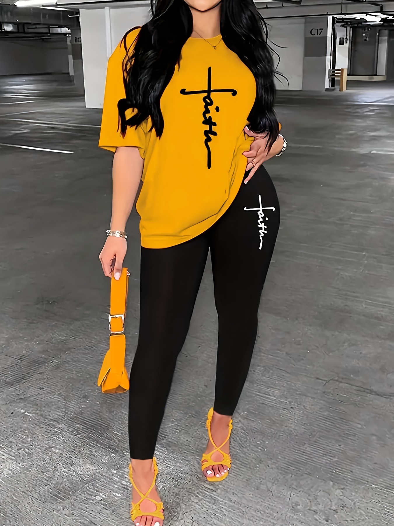 casual faith print pantsuits short sleeve t shirt skinny Temu