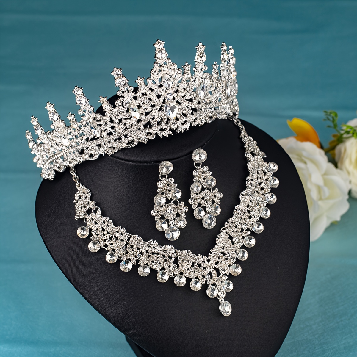 Elegant Rhinestone Crown Jewelry Set with Necklace and Earrings, Classic Zinc Alloy Bridal Tiara for Wedding, Party, Stage Performance, All-Season Accessory