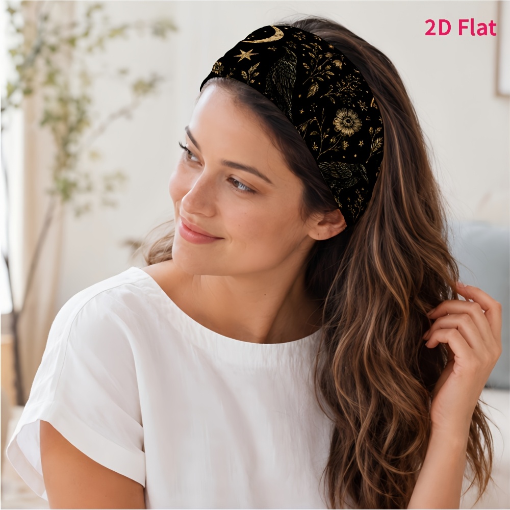 TEMU 2d Flat 1pc Tie, Black With Golden Pattern Featuring A Crow, Moon, And Floral Motif, Suitable For Yoga/fitness/daily Commuting/makeup And
