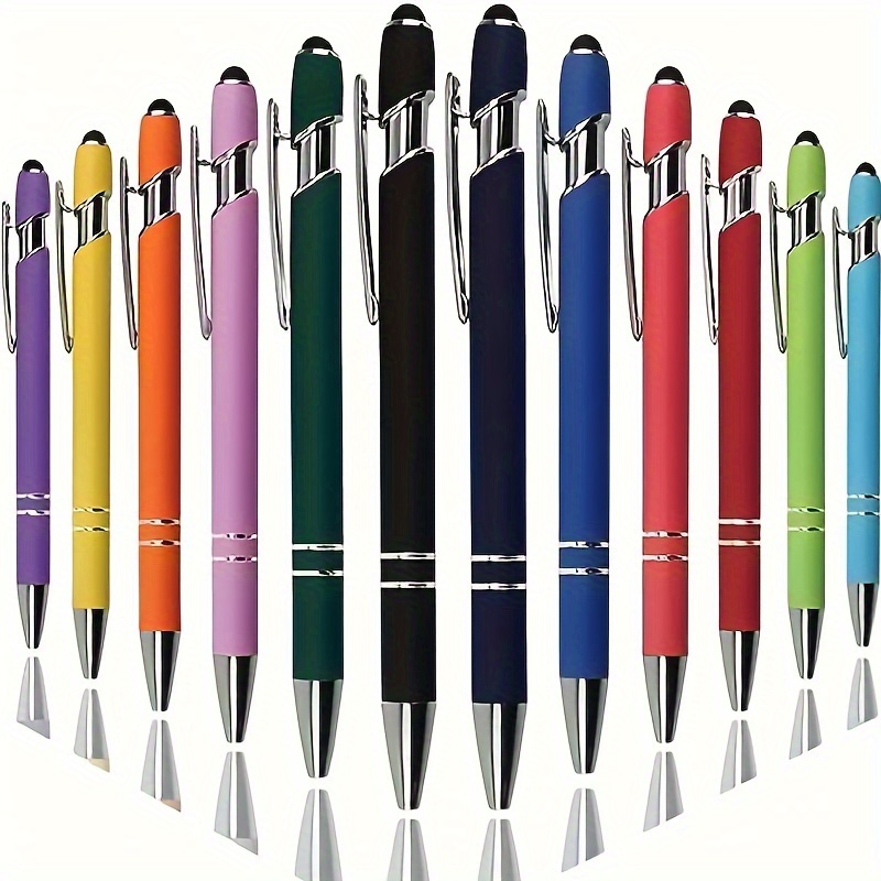 

12pcs Assorted Colors Ballpoint Pens With Stylus, Quick-dry Black Ink, 2-in-1 Metal Design, Medium Point (1.0mm), Smooth Writing, Clip Included - Perfect For School & Office Supplies