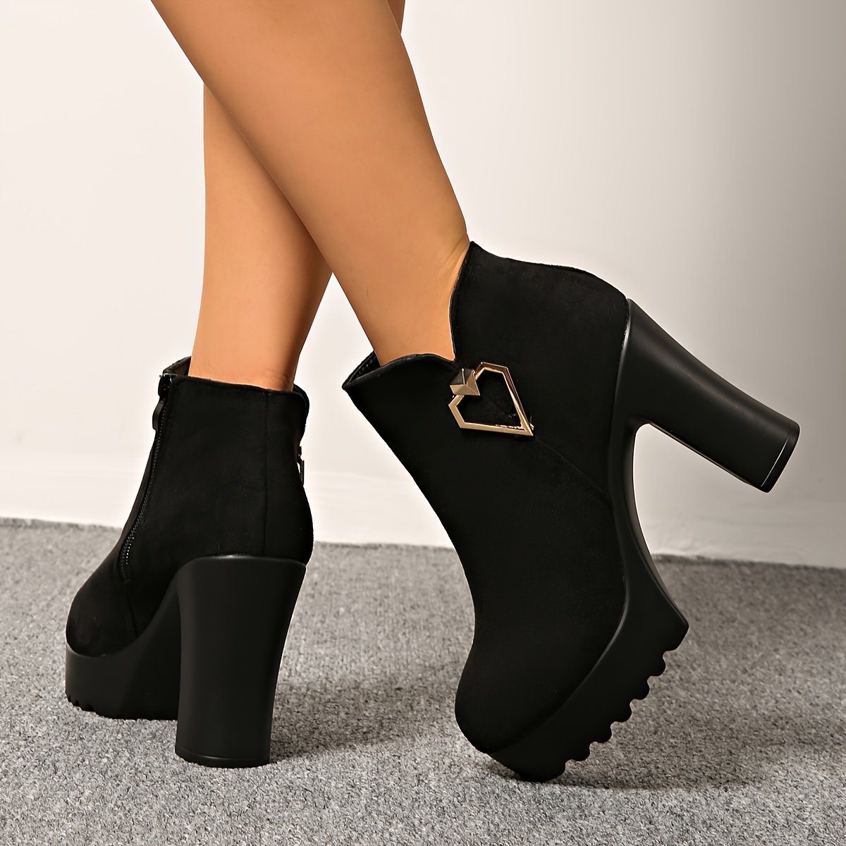Women's Short Boots with Chunky High Heels and Side Zipper