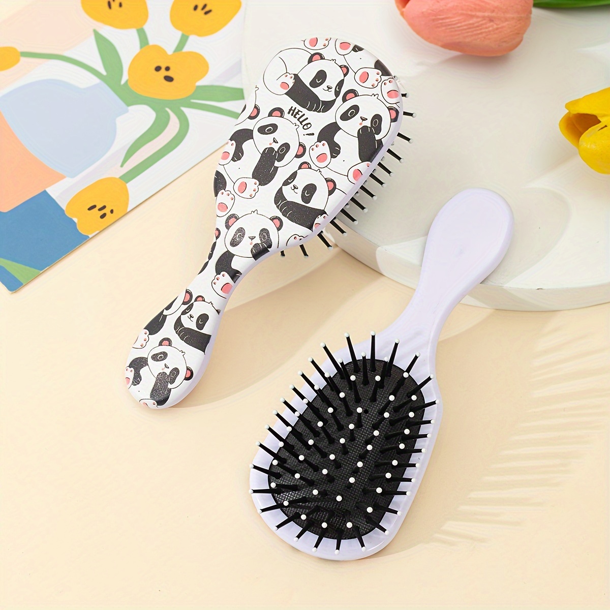 

1pc Cute Panda Pattern Paddle Hair Brush, Air-cushioned Detangling Comb For Smooth Styling, Hello Panda Design, Comfortable Grip