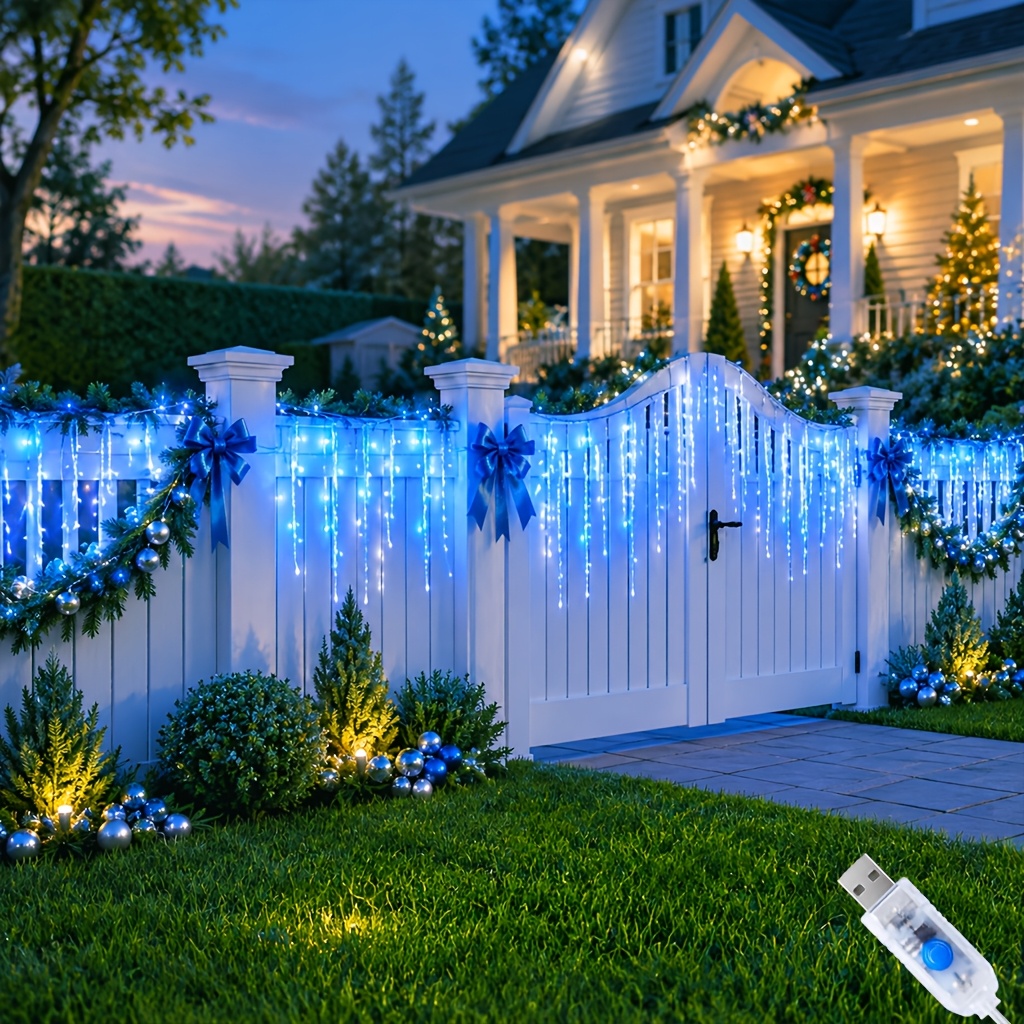 TEMU Guirlandes Lumineuses de Noël de Glaçon, 100/190 LED, Guirlandes Féériques Bleues et Blanches, 10 pour Chambre, Cour, Salon, Jardin, Mariage,