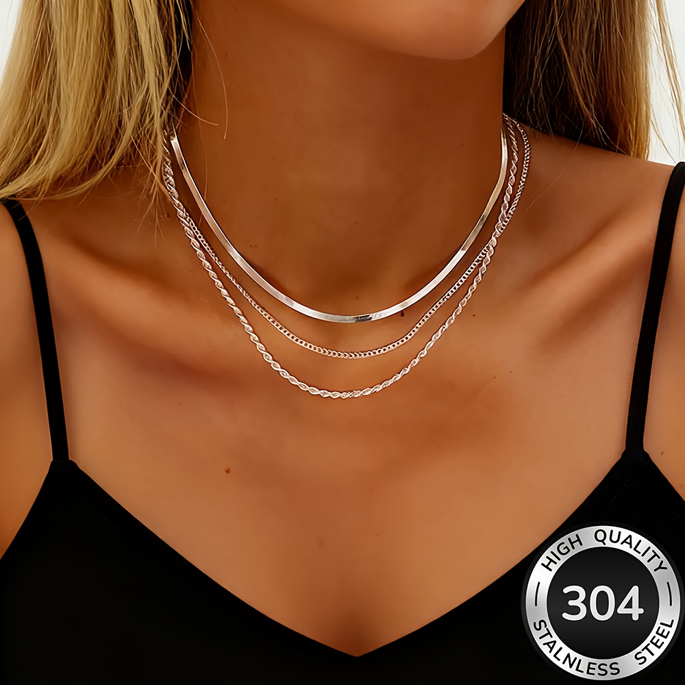 Women's 18K Gold Plated Layered Stainless Steel Necklace Set