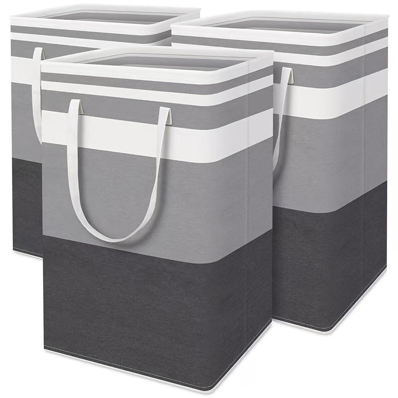 

3pcs Elegant Foldable Fabric Laundry Baskets - Large, Dustproof & Waterproof With Pe Coating, Sturdy Handles, Gray & White Striped Storage Buckets For Clothes, Laundry Room Accessories