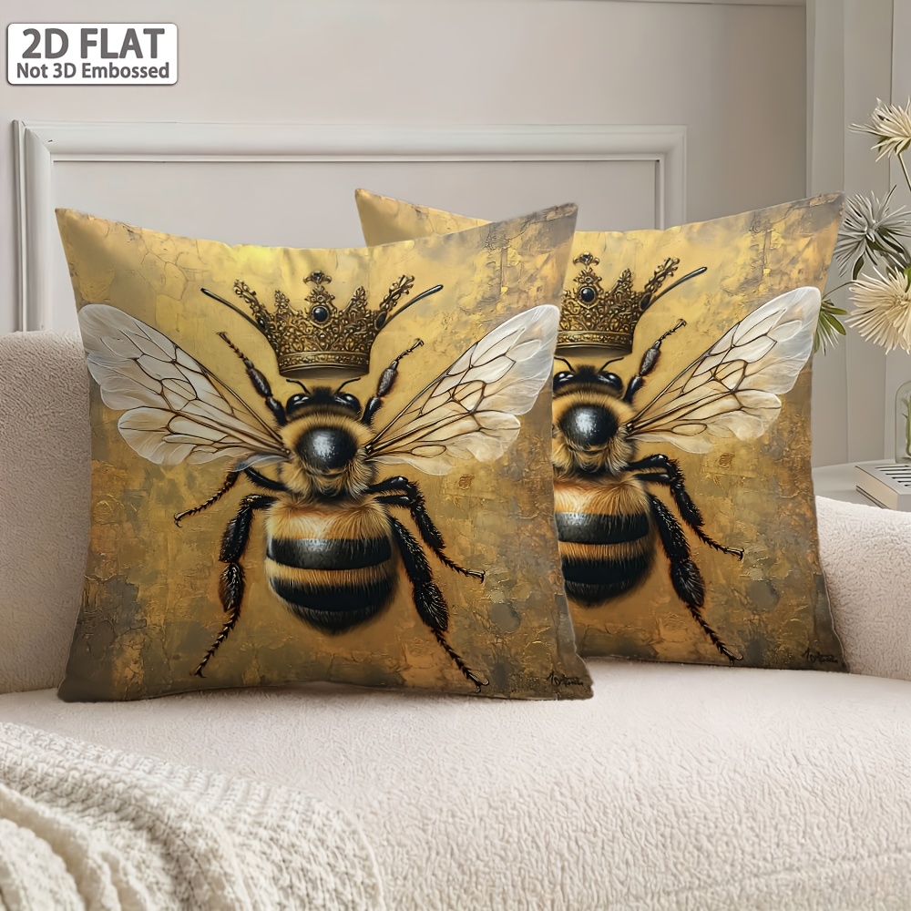 TEMU 2pcs, Two-sided Printing Super Soft Short Plush Throw Pillow 18x18 Inch, Bee Crown Painting Art Insect Wings Golden Abstract Texture Detailed