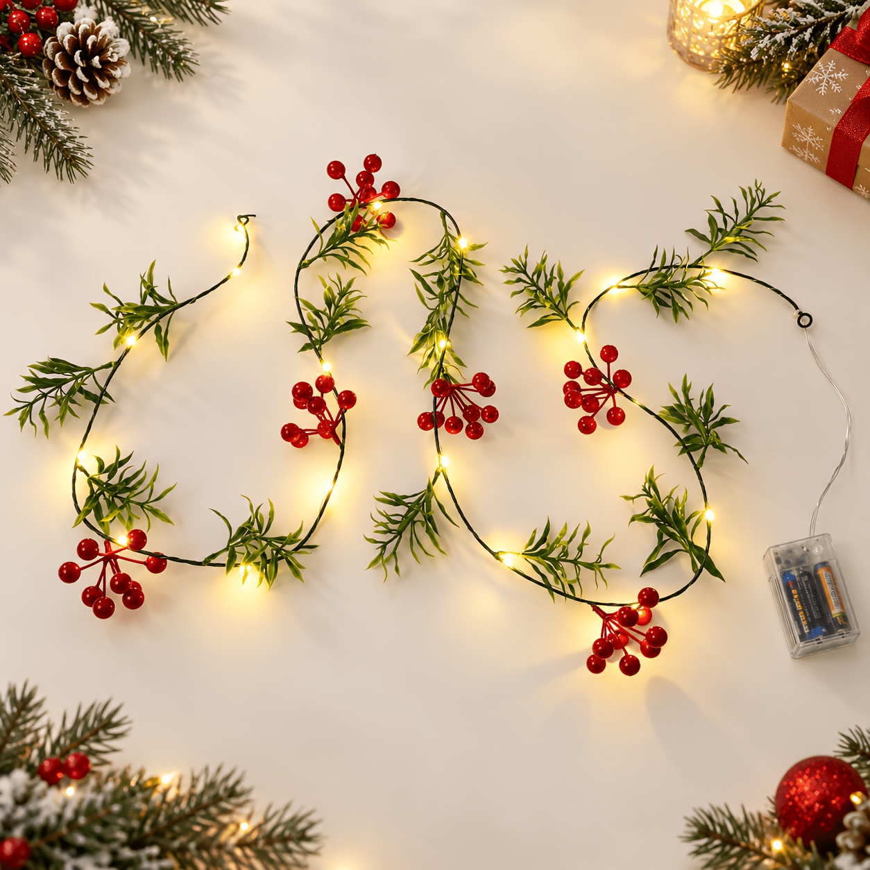 TEMU 1pc Christmas Garland String Lights With Red Berries & Green Leaves, Battery Operated Warm White Led Lights For Mantel, Table, Bedroom & Holiday