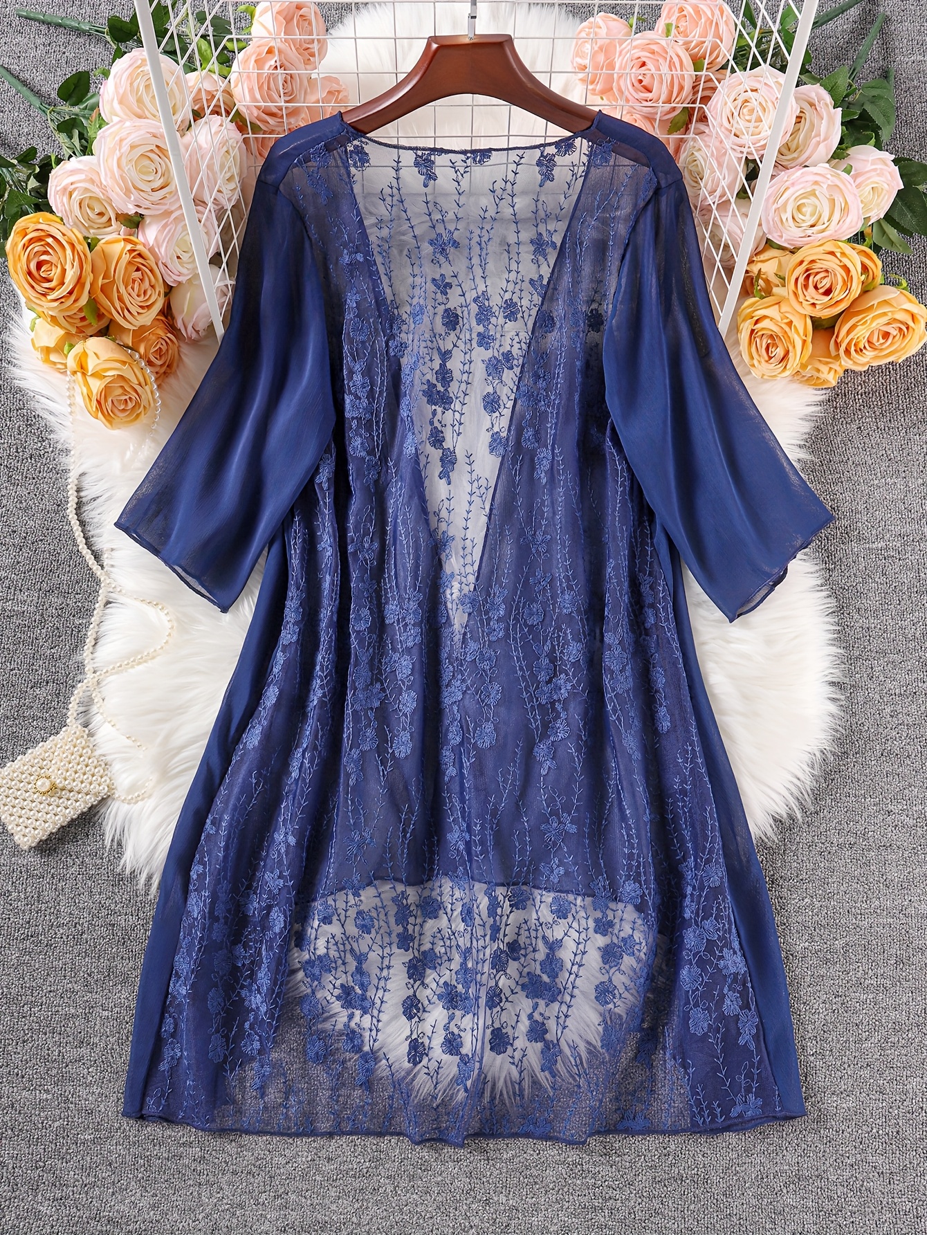 Elegant Plus-Size Coral Chiffon Kimono Cardigan with Lace Detailing - Sheer Half-Sleeve Beach Cover-Up, Machine Washable