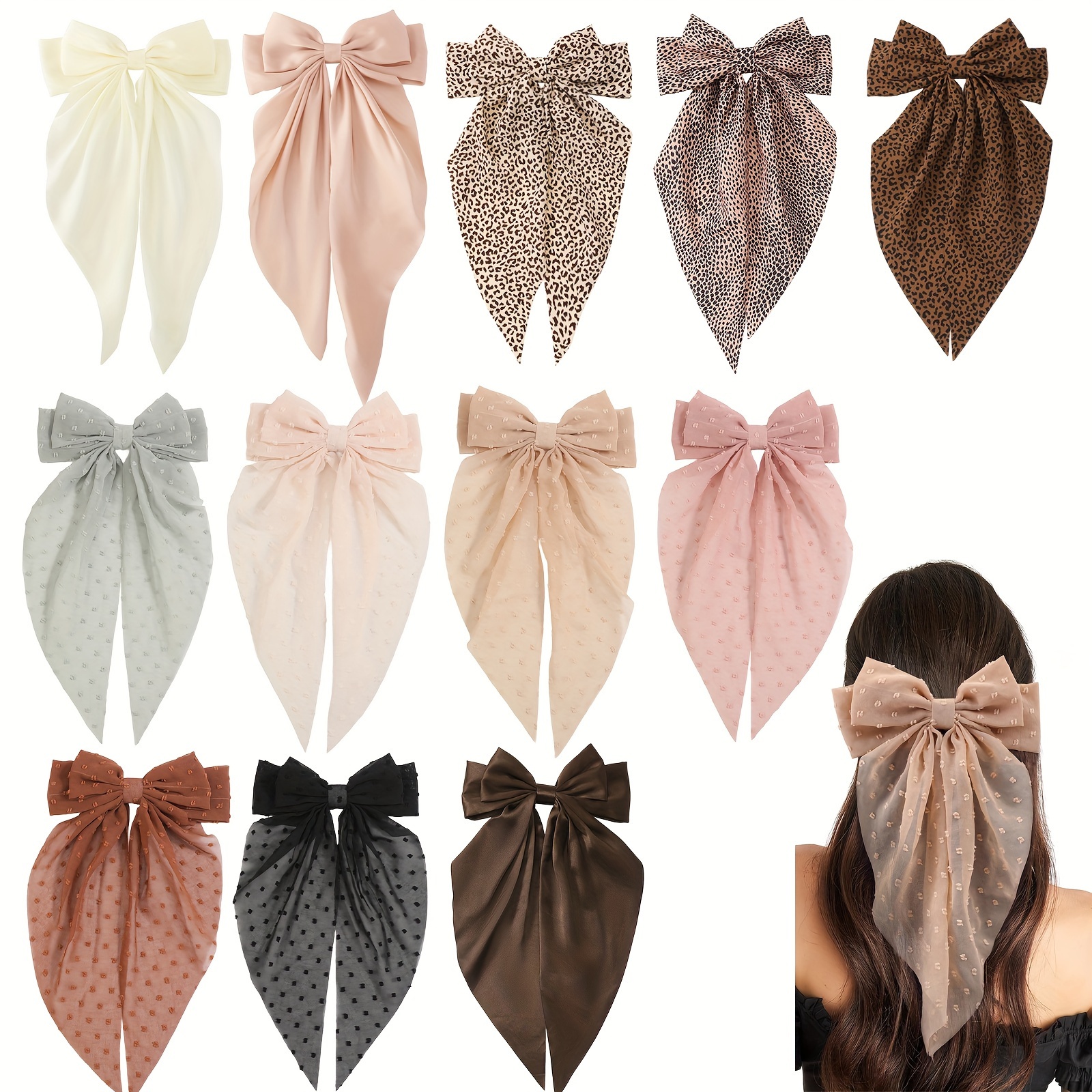 

12 Pcs Hair Bows For Women, Hair Clips For Girls, Silky Bows Clips Oversized Long Tail, Large Hair Barrettes Cute Aesthetic Hair Accessories, Metal Bow Hair Clips Neutral Color