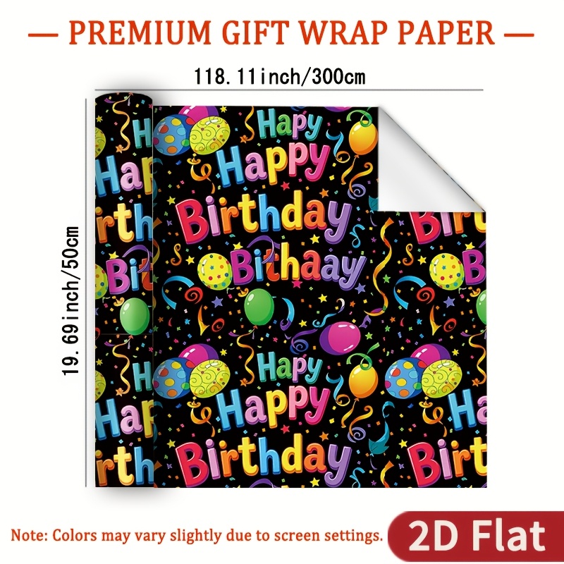 TEMU 1 Rouleau de Papier Cadeau d'Anniversaire pour Cadeaux - Ballons Multicolores Brillants, , Étoiles & Lettres "Happy Birthday" sur Fond Noir,