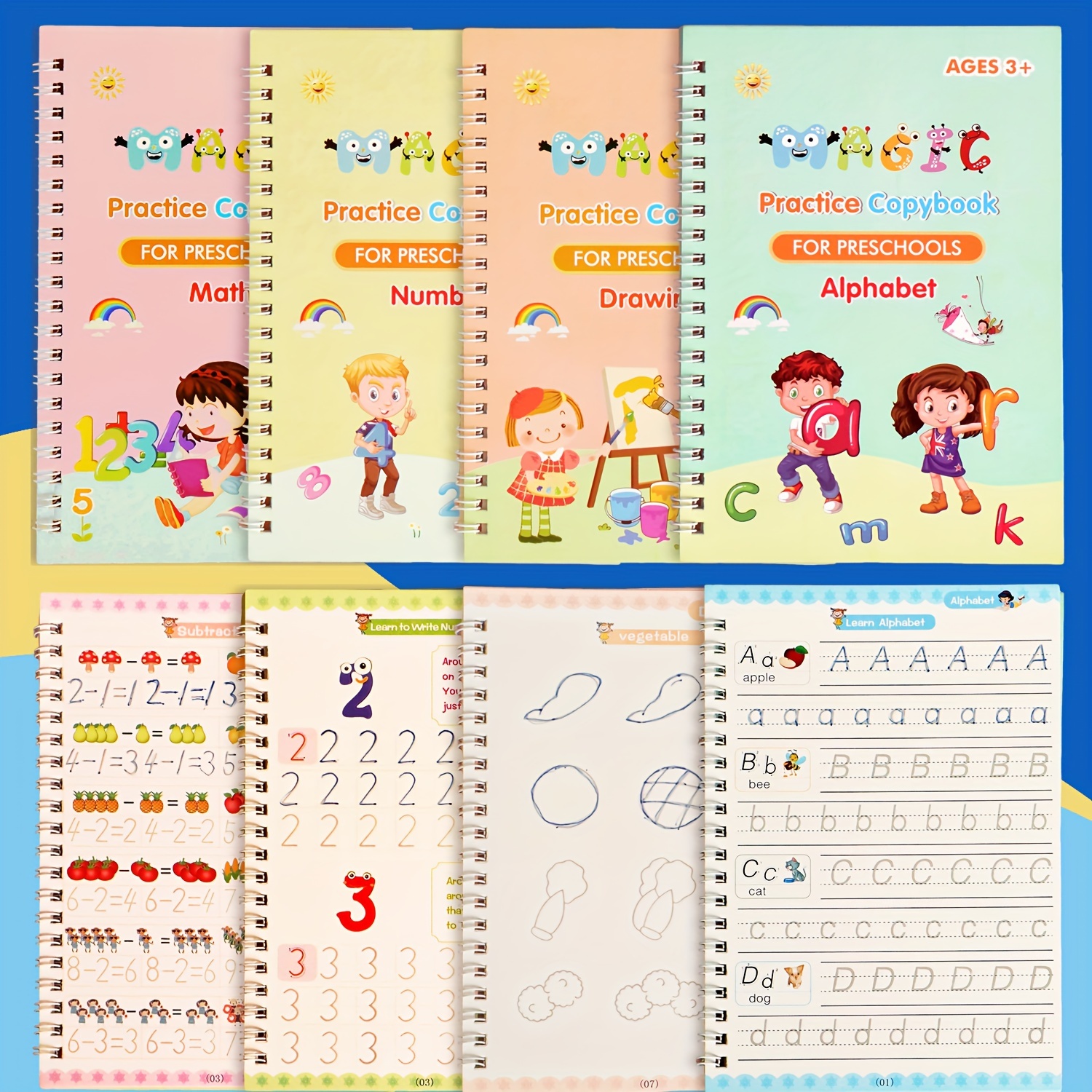 

4-pack Children's Copybooks Set With Pen And Refills, Reusable 3d Pad For Kids 3-6, Alphabet, Numbers, Drawing & Math Workbooks For Preschoolers - Educational Handwriting Practice Kit