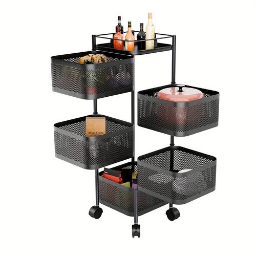 5 tier heavy duty rotating kitchen storage cart on wheels with mobile rolling shelf unit large metal frame suitable for kitchen pantry fruit basket holder vegetable space saving trolley for or commercial use standing shelf