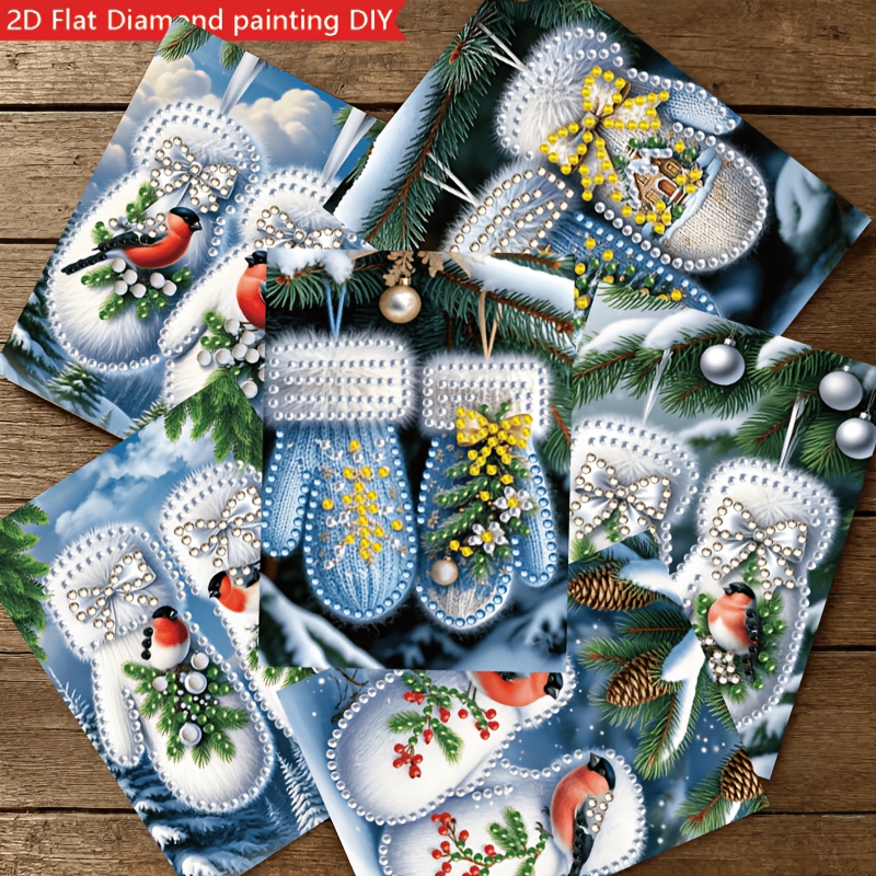TEMU 2d Flat 6pcs Christmas Glove Bird Irregular Diamond Painting Card Set, Full Sticker Rhinestone Tool Kit And Envelope, Warm Holiday Elements Like