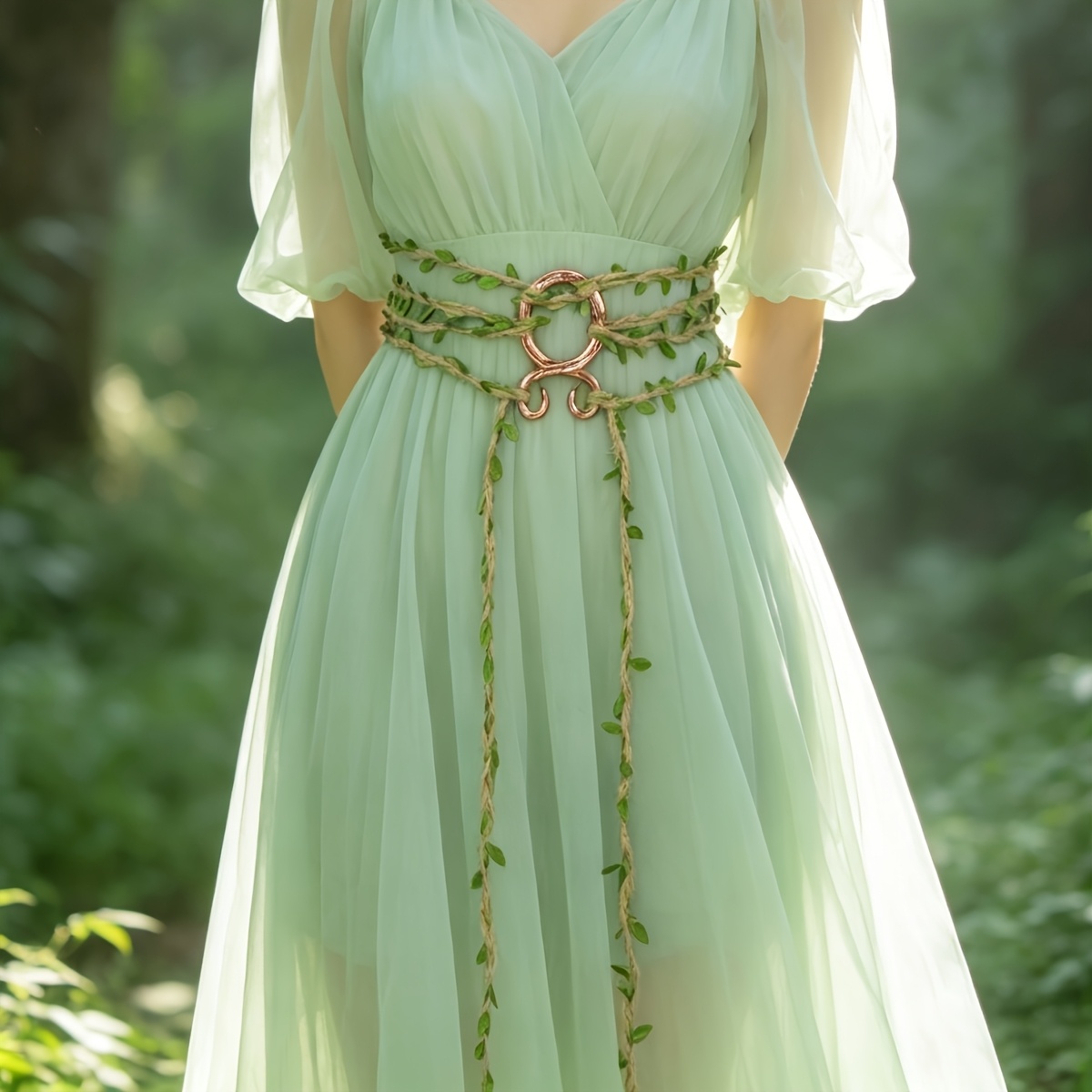 TEMU 1pc Of Girl Retro Hemp Rope Belt For Women (including Round ), Green Vine Winding Design, Waist Rope Decoration, Bohemian Style Long Skirt Waist