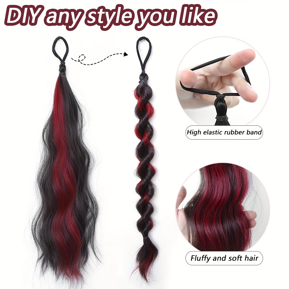 2pcs long wavy highlight color braided ponytail for women synthetic wigs with rubber bands curly ponytail extensions elastic hair band details 1
