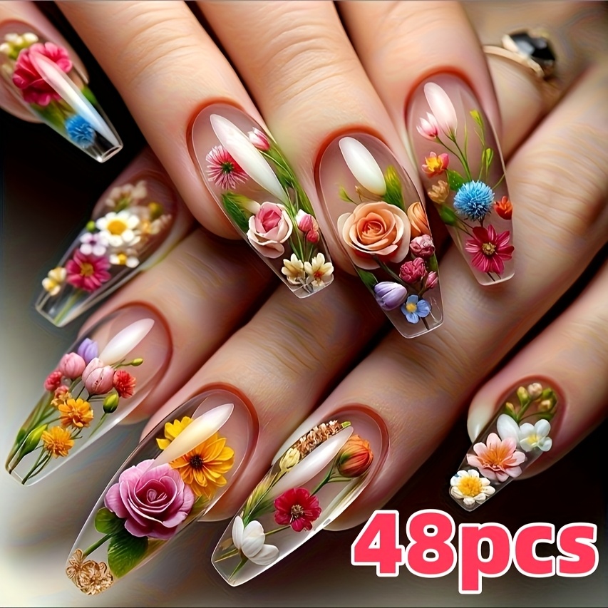 TEMU 48pcs 3d Gorgeous Flowers Press On Nails - Square Medium Length False Nails For Women Glossy End With Jelly Glue And Nail File, Blue And Red