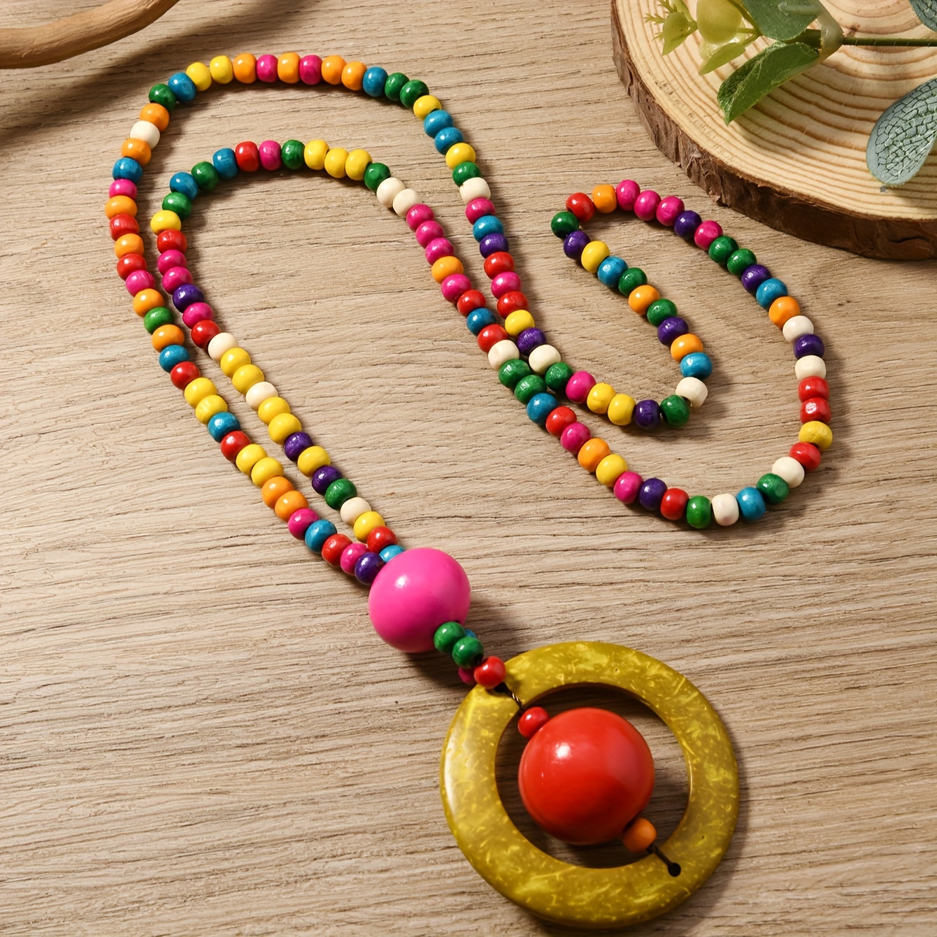 Boho Vintage Style Handcrafted Beaded Necklace with Wooden Pendant