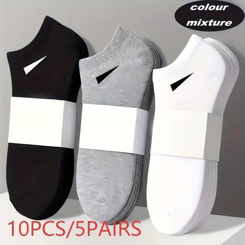10 piezas, 5 de calcetines transpirables para hombre - material de fibra, diseño y de color (negro, , ), elasticidad , adecuados para el confort casual , zapatos versátiles, estilo moderno, , tela