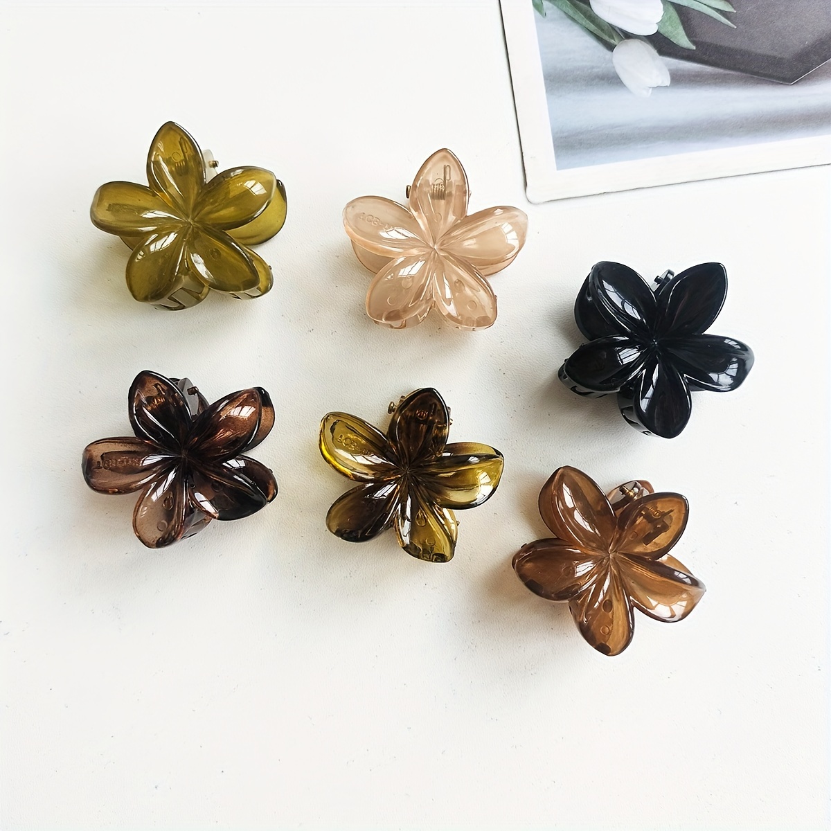 

6-piece Set Minimalist Flower-shaped Hair Claws, Plastic Hair Accessories With Color Matching Design For Teens And Adults, Small Elegant Tortoiseshell Pattern Clips For Daily, Casual & Party Wear