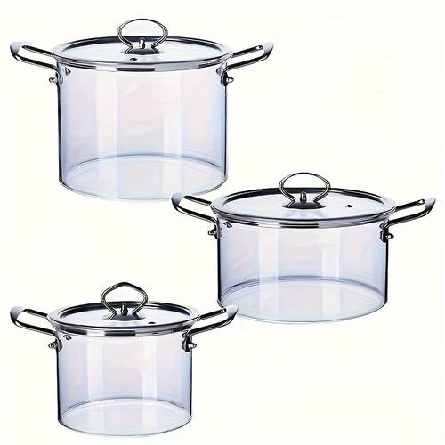 1pc large capacity high borosilicate glass double ear pot with lid stainless steel handle household electric ceramic stove heating cooking pot cooking noodles glass saucepan